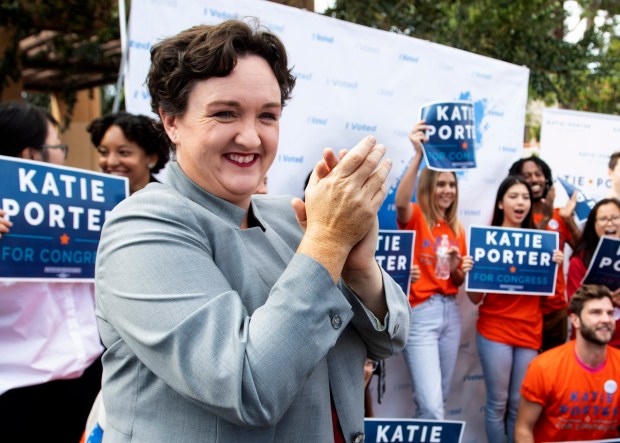 Katie Porter, who beat Mimi Walters for the state congressional seat in the 45th district, speaks to supporters at the University of California, Irvine on Tuesday, October 30, 2018. Porter was voting early at a portable poll location at the university. (File Photo by Paul Bersebach, Orange County Register/SCNG)