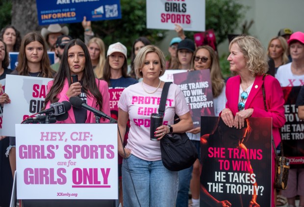 Sonja Shaw, the Chino Valley Unified board president, urges the California Interscholastic Federation to ban transgender girls from playing in girls' sports at a press conference in Costa Mesa on Friday, June 20, 2025. (Jeff Antenore, Contributing Photographer)