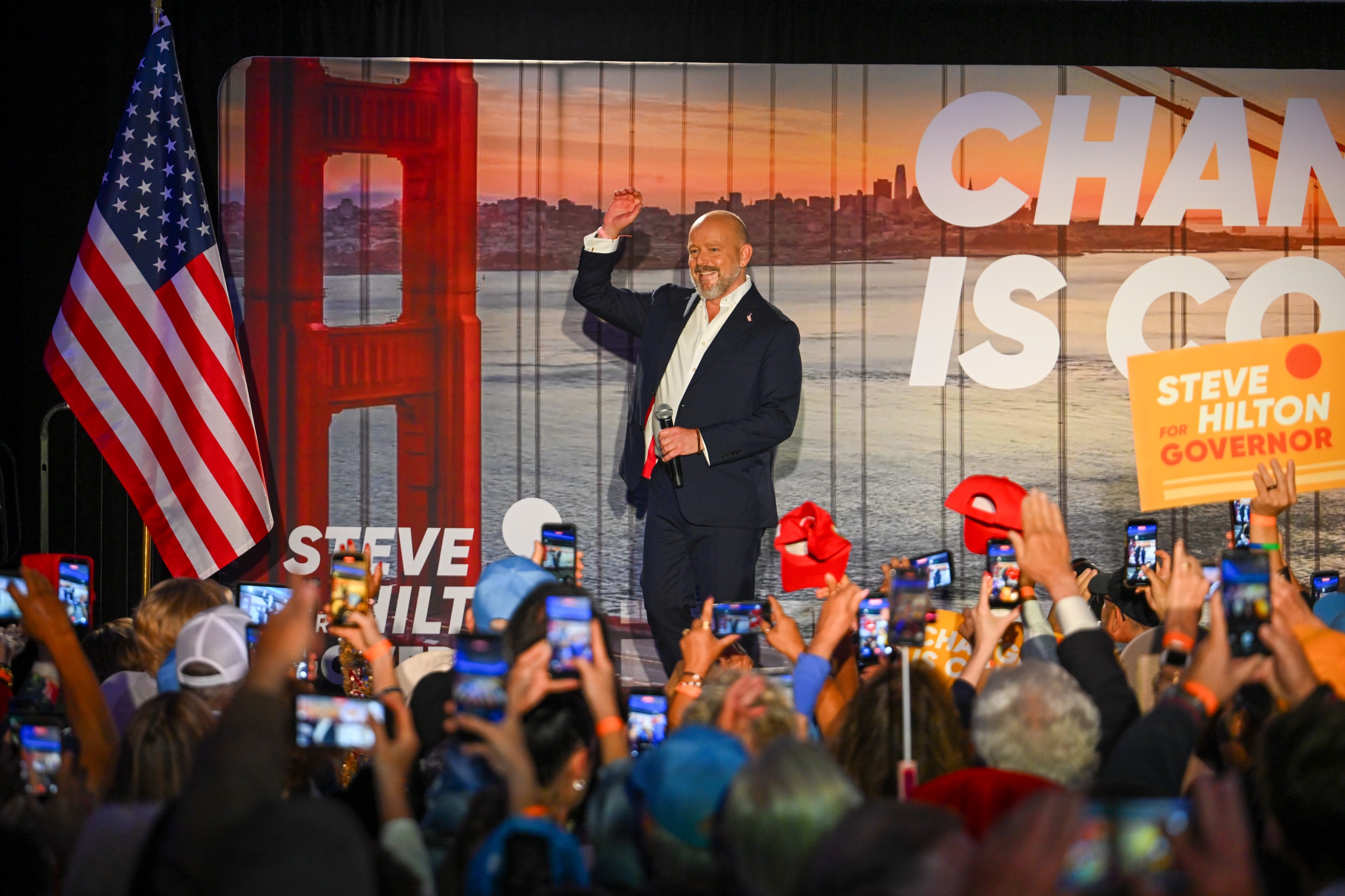 California gubernatorial candidtate Steve Hilton addresses supporters during his election...