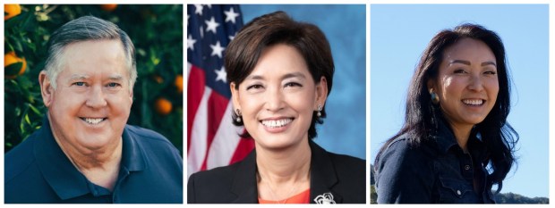 From left, Reps. Ken Calvert, R-Corona and Young Kim, R-Anaheim Hills and Democrat Esther Kim-Varet are first, second and third, respectively, in the primary election for California's 40th Congressional District as of midday Wednesday, June 3, 2026. (Courtesy of the candidates)