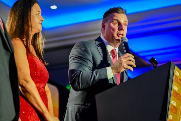 California state attorney general candidate Michael Gates addresses the crowd California gubernatorial candidate Steve Hilton's election night watch party at The Waterfront Beach Resort on Tuesday, June 2, 2026, in Huntington Beach. (Photo by Jeff Gritchen, Orange County Register/SCNG)