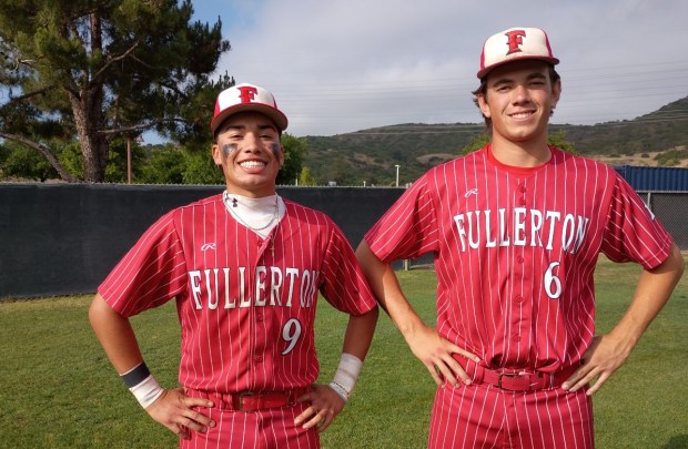 Fullerton's Luke Gonzalez (9), left, had two hits and three RBIs, and Declan Fitzgerald (6), right, pitched a two-hitter in a 5-3 victory over San Juan Hills in the first round of the CIF Southern Section Division 3 baseball playoffs Friday, May 15, 2026. (Photo by Martin Henderson)
