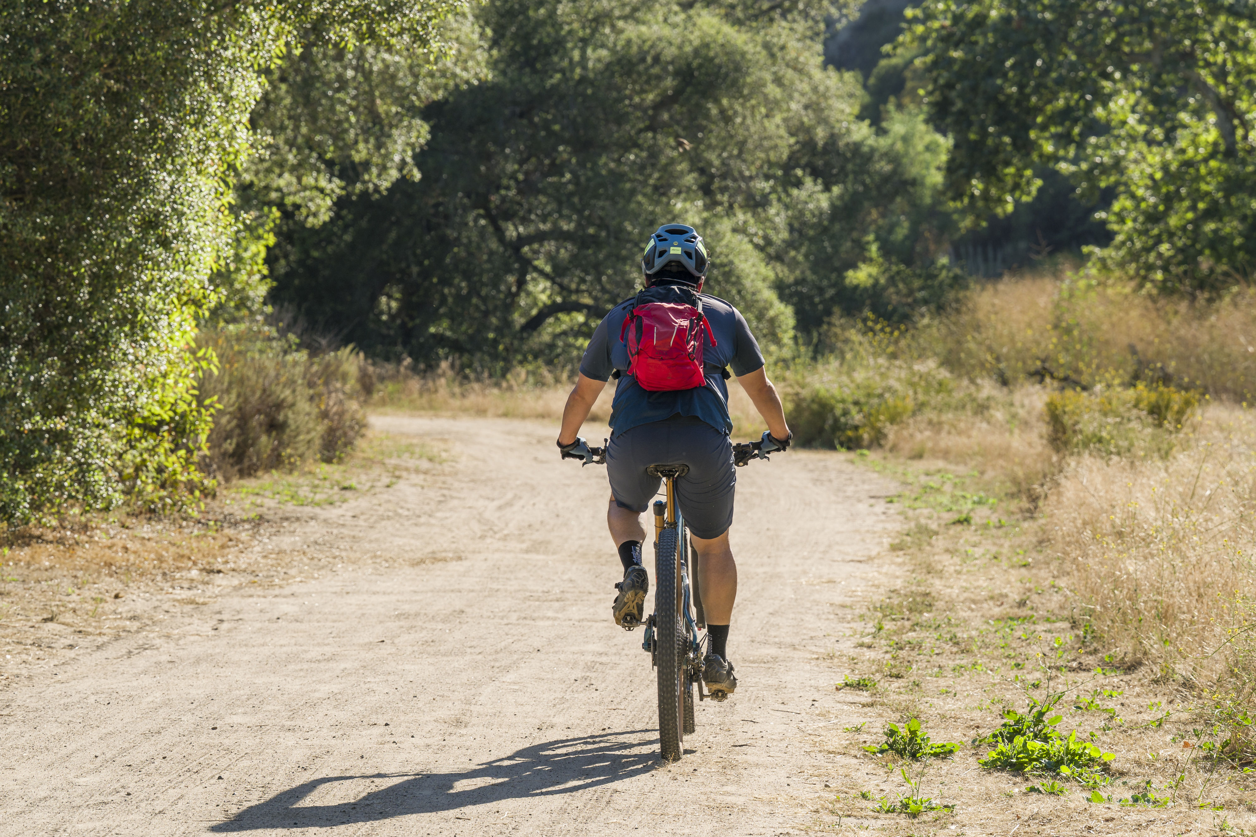 A cyclist rides on a trail in OâNeill Regional Park...