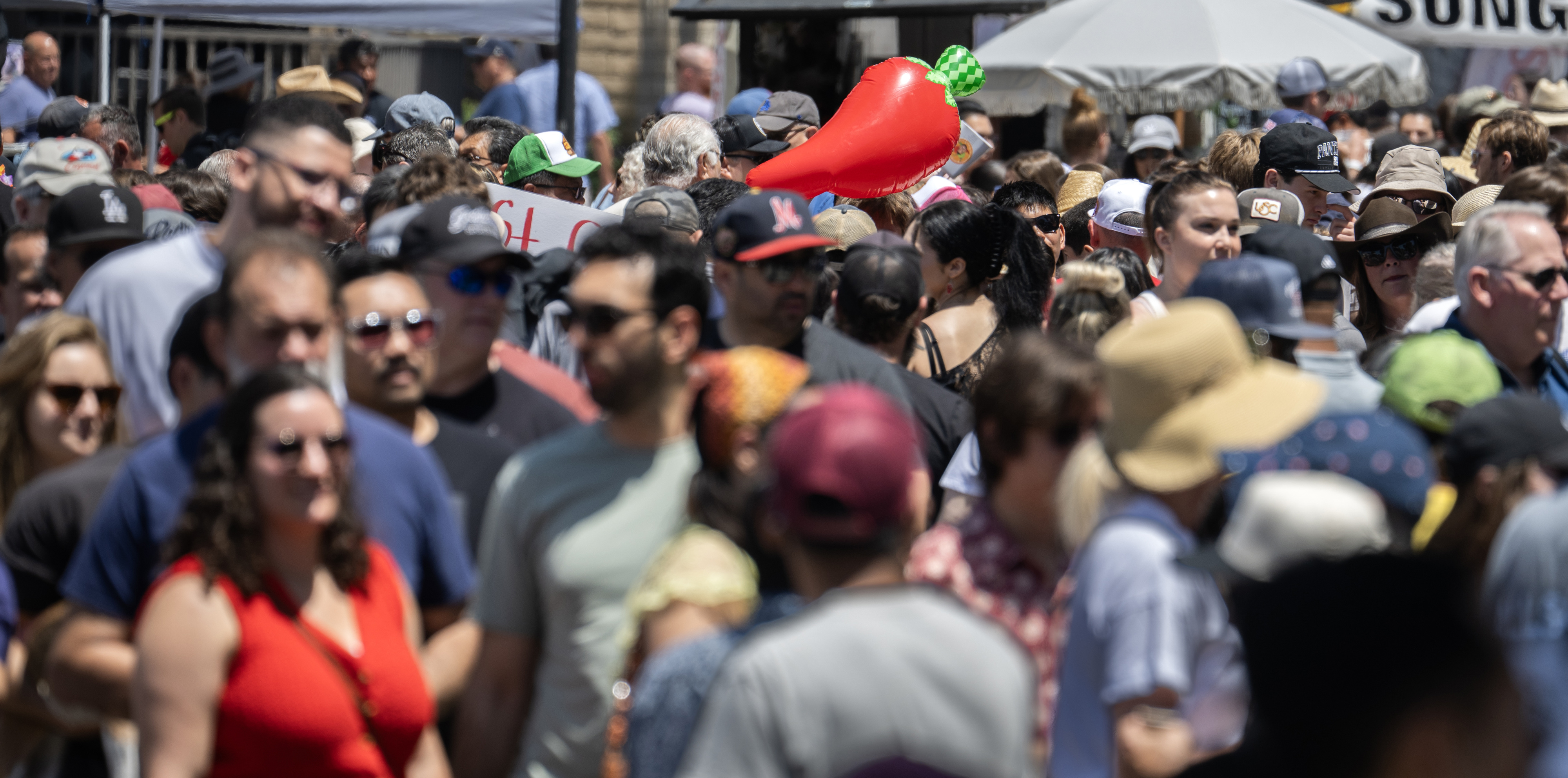 A bright red chili pepper mingles among the crowd during...