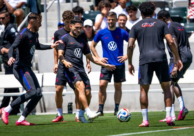 U.S. Men's National Team member Christian Roldan, kicking the ball, runs drills with teammates during a practice session on Monday, June 8, 2026, at the Great Park in Irvine in preparation for the 2026 FIFA World Cup. The team plays its opener on Friday in Inglewood. (Photo by Paul Bersebach, Orange County Register/SCNG)