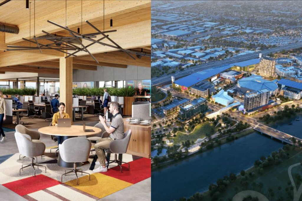 Renderings of OCVIBE coworking space and aerial view