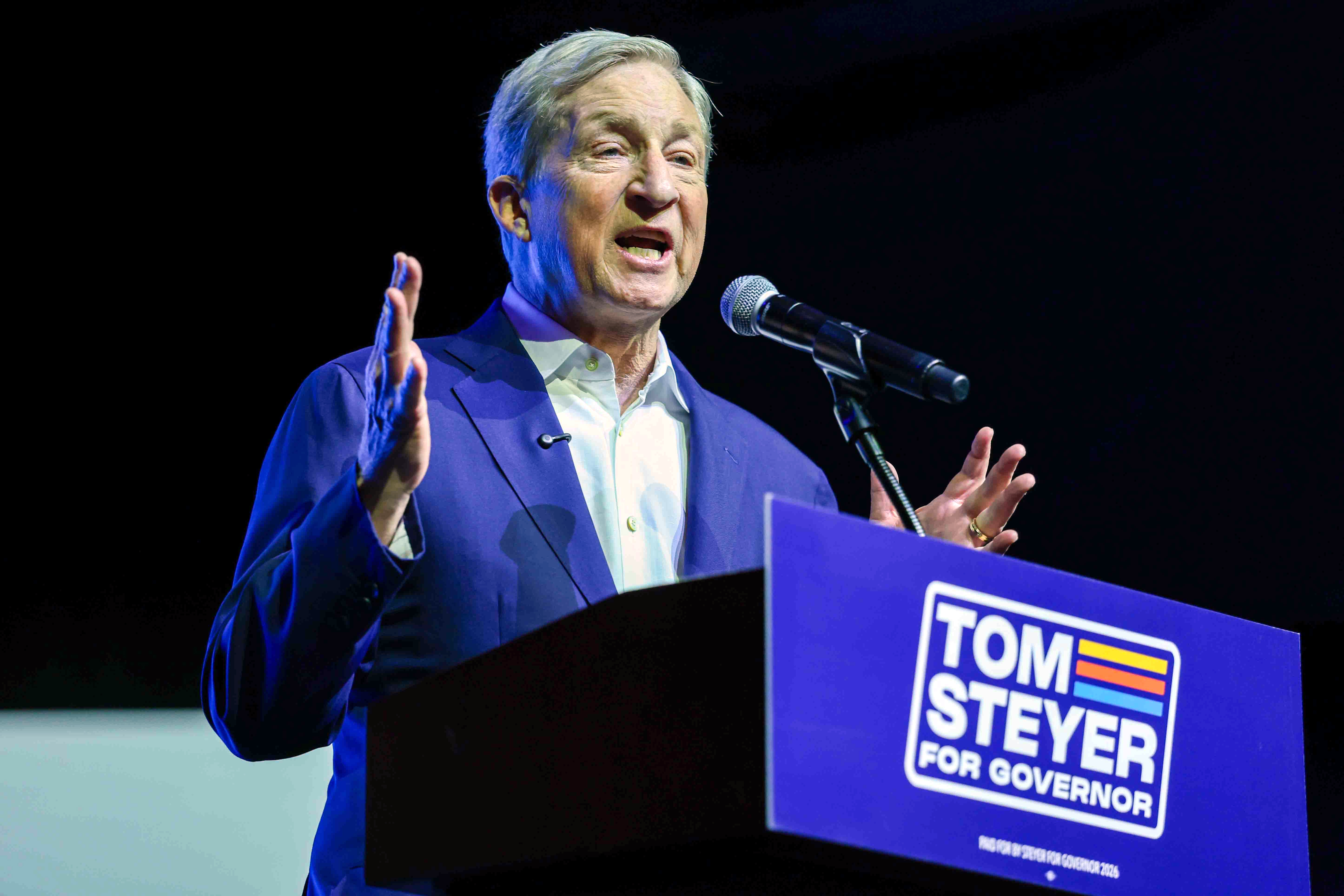 Democratic gubernatorial candidate Tom Steyer speaks to supporters during his...