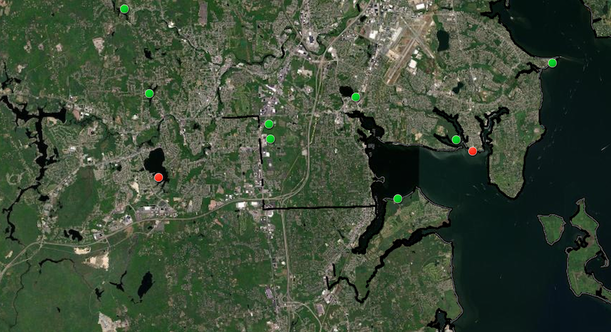 [CREDIT: RIDOH] The RI Department of Health and DEM have shut Oakland Beach (red point, right) and Briar Point Beach (red point, left) to swimmers due to high bacteria counts