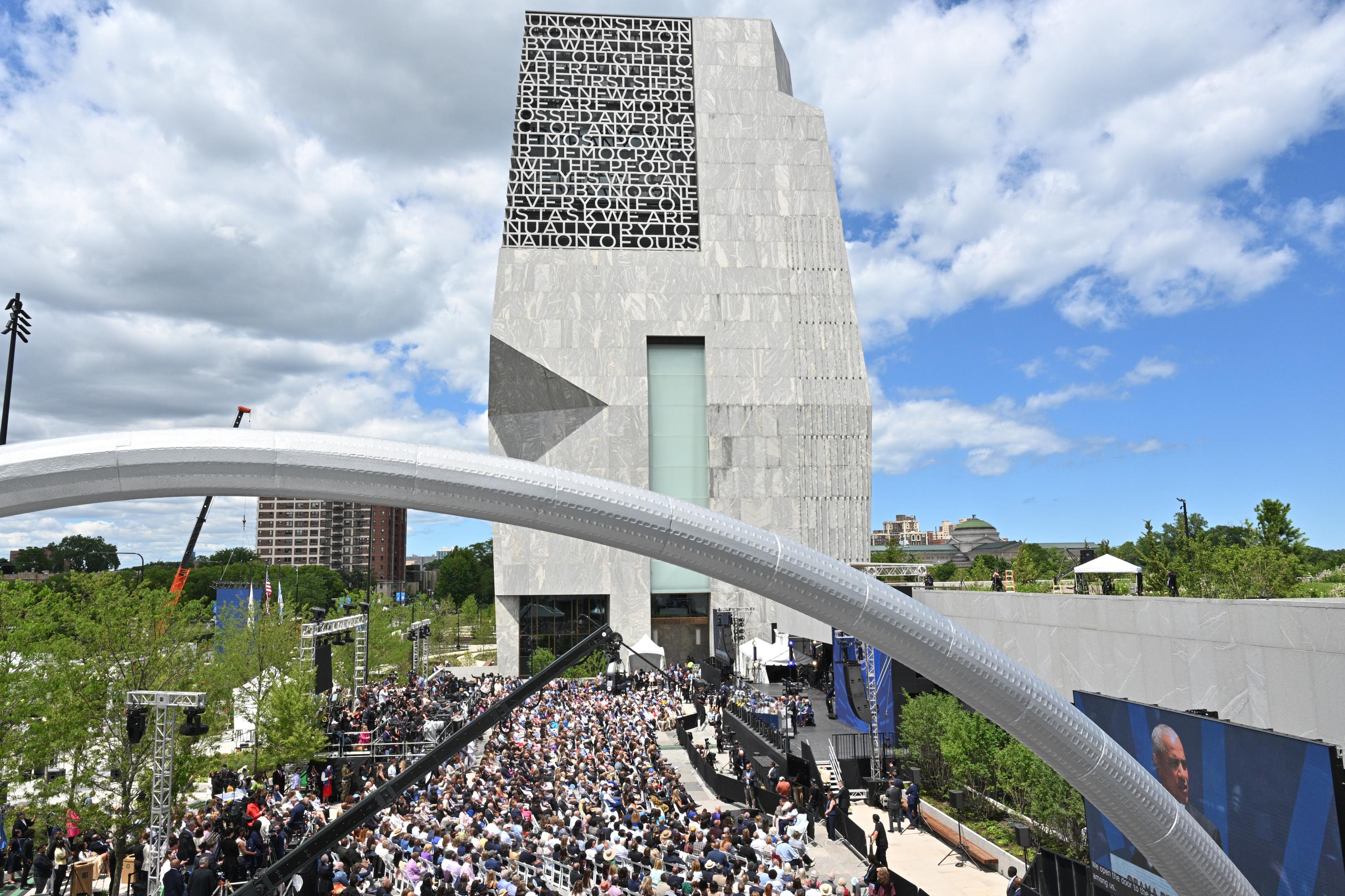 Former President Barack Obama speaks during the dedication ceremony for...