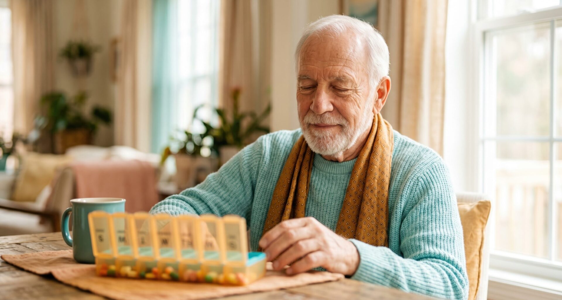 Senior man organizing daily medication in weekly pill box. Elderly male taking supplements and prescription drugs at home