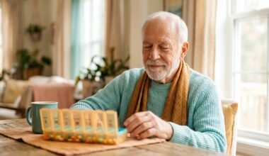 Senior man organizing daily medication in weekly pill box. Elderly male taking supplements and prescription drugs at home