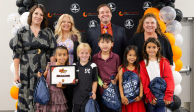 Dana Hills High School students Andre, Nicholas and Brandon win first place for their "Caged Dolphin Vape Detector" project at the annual ocMaker Challenge awards ceremony.