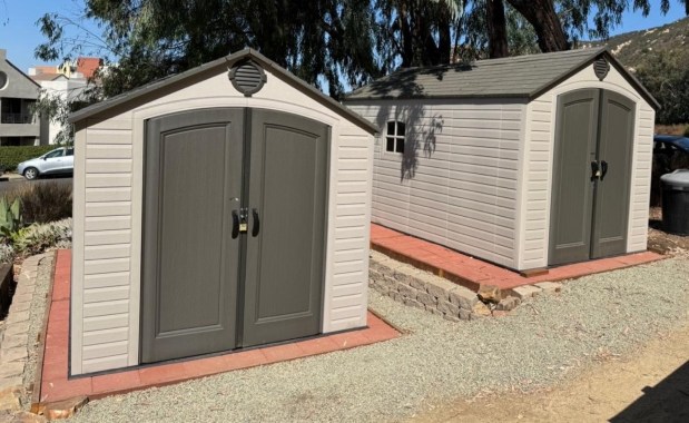 The two 8-foot by 14-foot sheds that house the Backyard Produce Project's tree picking team equipment. They need to be relocated by late July. (Courtesy of Backyard Produce Project)