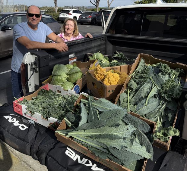 Matt Sanseverino and Mary Cushing-Inman delivering items grown in the Backyard Produce Project garden to a 4 Community Care distribution site. (Courtesy of Christie Moran)