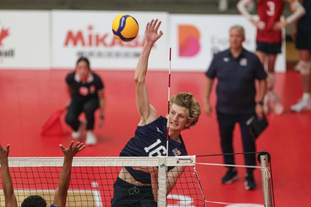 Poway's Daniel Hornyak on the attack in the NORCECA Continental Championship in Burnaby, British Columbia. (Courtesy NORCECA)
