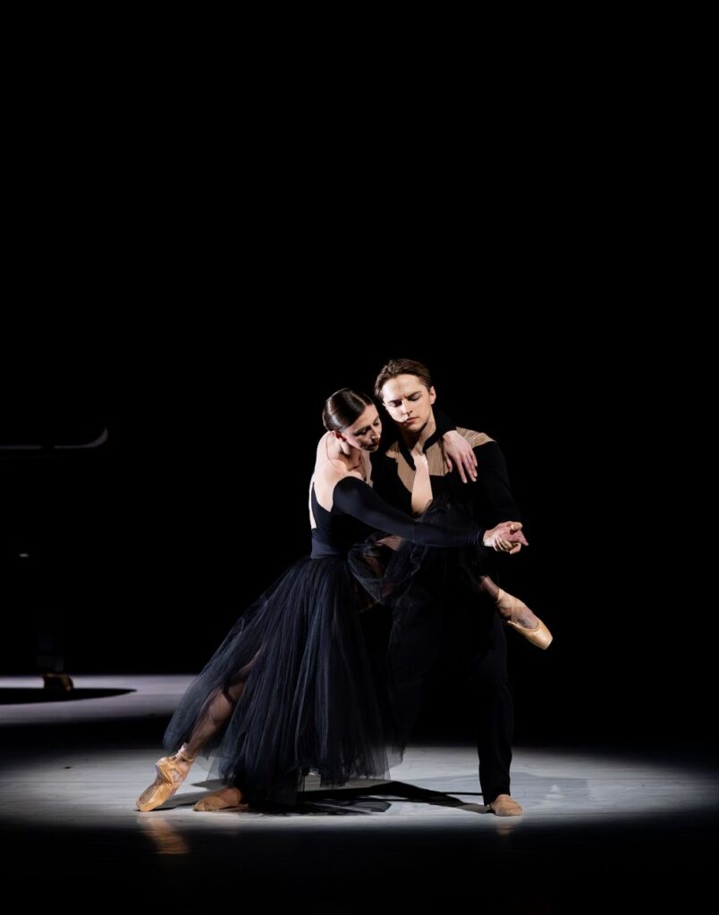 Pacific Northwest Ballet principal dancers Elle Macy and Dylan Wald in PNB resident choreographer Jessica Lang’s haunting "Ghost Variations" - Photo by Angela Sterling.
