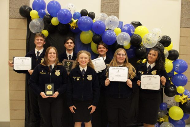 Ramona High School FFA members who earned their California State FFA Degree are recognized at the California FFA State Leadership Conference. Back row: John Kuhn, Chase Nickens (2025 State FFA Degree recipient) and Thomas Wilson. Front row: Kaitlyn Peck, Madeline Kennedy (Ramona FFA support member), Jaden Merten and Alexsa Shenouda. Not pictured: Leila Harp, Sherlyn Sanchez, Charlotte Nasco, Jacob Parker, Giuliana Pekelder, Dylan Peterson and Kinlee Sargent. (Courtesy Ramona FFA)