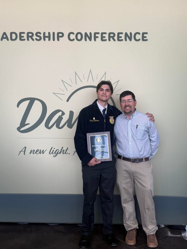 Ramona High School senior Chase Nickens poses with Ramona High School Agriculture and Welding Advisor Curtis Martineau at the California FFA State Leadership Conference after earning the State Proficiency Award in Agricultural Mechanics Repair and Maintenance Placement. (Courtesy Ramona FFA)