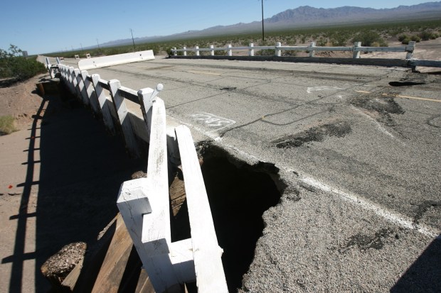 An eroded bridge along Route 66 in San Bernardino County seen here in October 2014. The bridge was forced to close because of heavy rain in September that caused damage to the bridge. (Staff file photo by Stan Lim/The Press-Entperprise/SCNG)