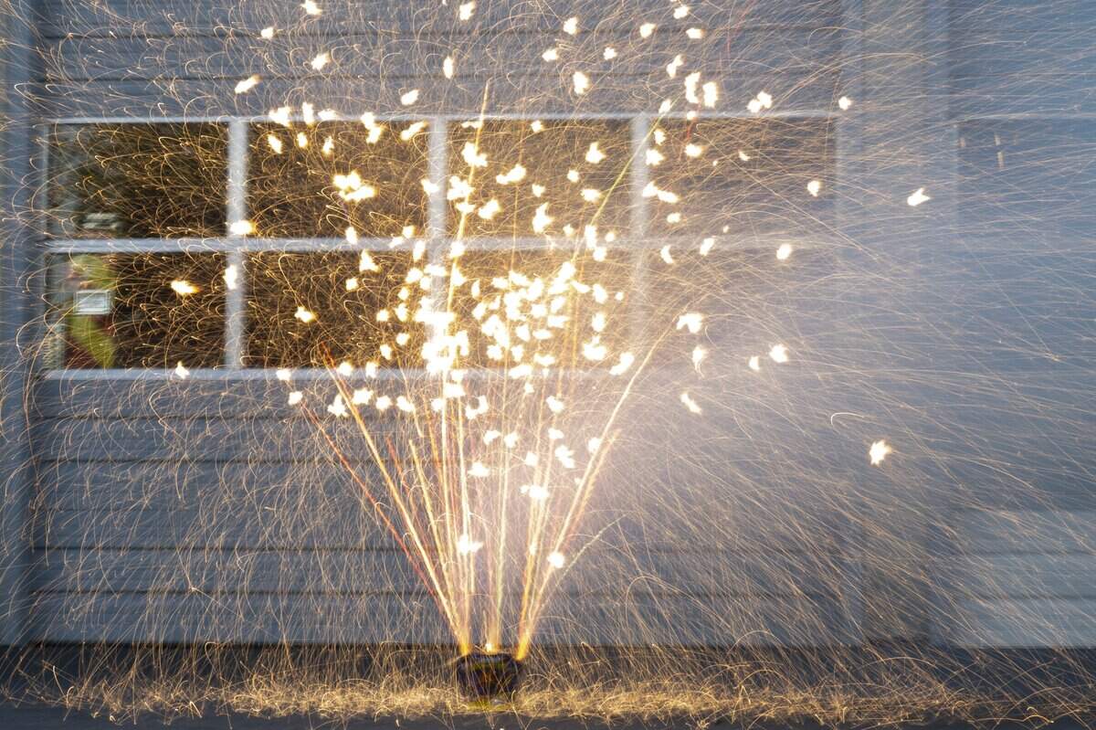 Discount Fireworks Superstore’s Dragon Dreamscape firework sparkles in front of Sacramento Metro Fire Station 50 during the Sacramento Bee 2026 summer intern gathering to judge fireworks on Wednesday, June 24, 2026.