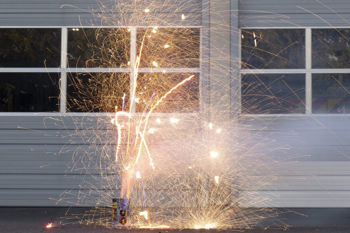 Phantom Fireworks’ Storm Runner firework sparkles in front of Sacramento Metro Fire Station 50 during the Sacramento Bee 2026 summer intern gathering to judge fireworks on Wednesday, June 24, 2026.