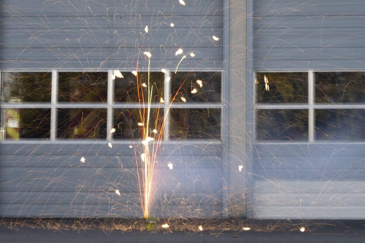 Discount Fireworks Superstore’s Jumping Jackalope firework sparkles in front of Sacramento Metro Fire Station 50 during the Sacramento Bee 2026 summer intern gathering to judge fireworks on Wednesday, June 24, 2026.