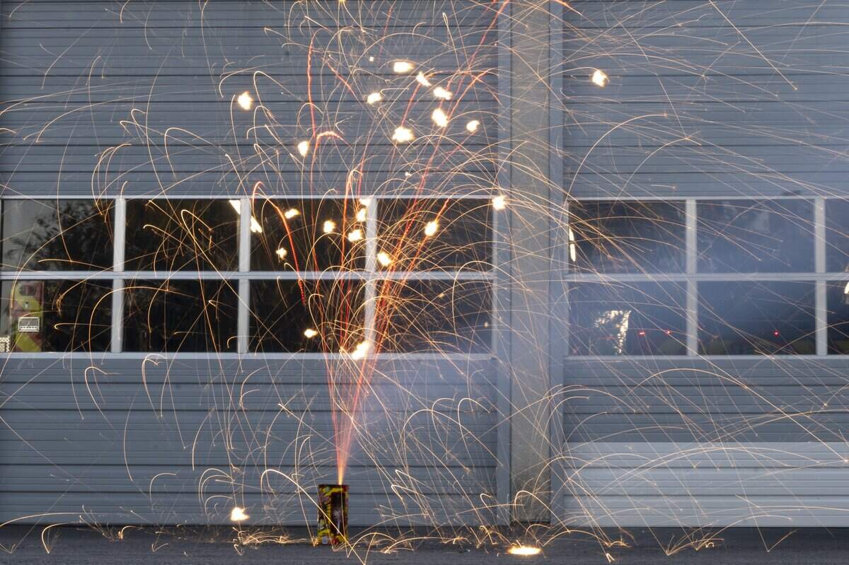 TNT Fireworks’ Mad Dog XL firework sparkles in front of Sacramento Metro Fire Station 50 during the Sacramento Bee 2026 summer intern gathering to judge fireworks on Wednesday, June 24, 2026.