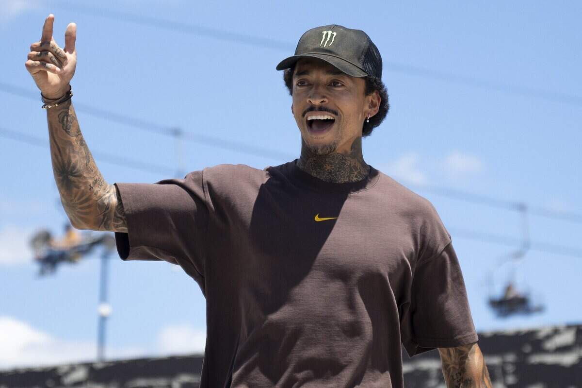 Nyjah Huston celebrates after competing in the Monster Energy Men's Skateboard Street at the MoonPay X Games in Sacramento on Saturday.