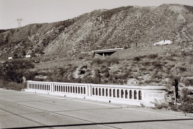 The 2020 view of an original 1930 bridge on Route 66 in the Cajon Pass, just south of Cleghorn Road. This portion of Route 66 in the Cajon Pass is one of the most intact sections in Southern California, note the 15 Freeway on the hillside above. (Courtesy by Mark Landis)