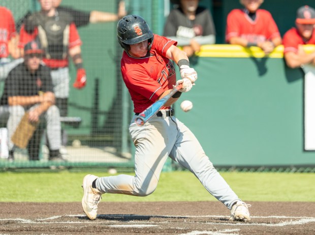 San Clemente first baseman, Dax Conrad (3) hits a single against South Hills pitcher, Christian Santoyo (30) in the third inning of a Division 2 playoff game at South Hills High School in West Covina on May 14, 2026. (Photo by Connor Terry, Contributing Photographer)