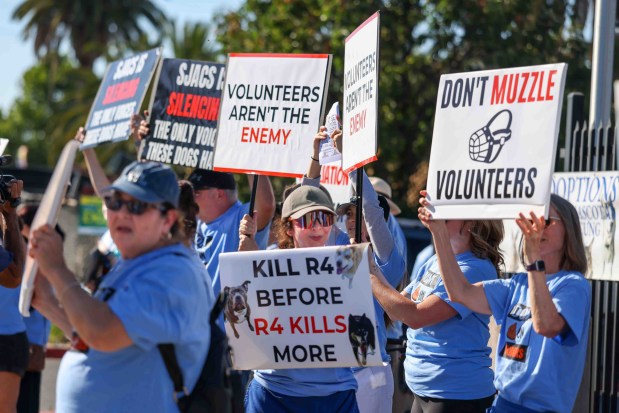 Animal welfare advocates, volunteers, and community members protest outside San José Animal Care & Services in San Jose, Calif., on Wednesday, June 17, 2026. Organizers said the demonstration was held to protest the shelter's current leadership, which they allege has created a hostile environment for volunteers and local rescue partners. (Ray Chavez/Bay Area News Group)