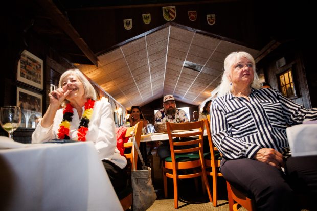 Carol Hoover of Montara, left, and her longtime friend, Deirdre OConnor of Moss Beach, watch a World Cup match between Germany and Ecuador on Thursday, June 25, 2026, during a watch party at Teske's Germania in San Jose, Calif. Ecuador defeated Germany 2-1. (Dai Sugano/Bay Area News Group) 