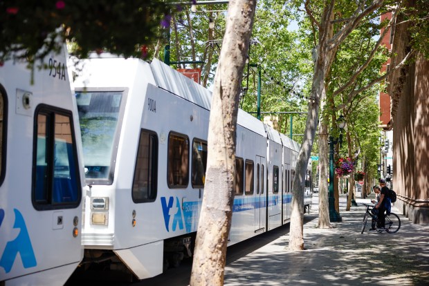 People wait to ride the VTA in downtown San Jose on May 9, 2024. (Shae Hammond/Bay Area News Group)