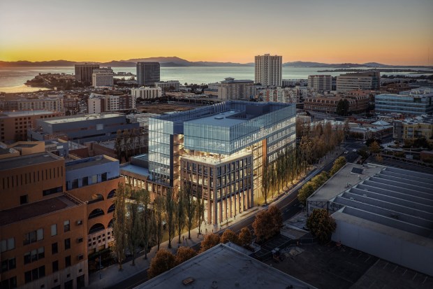 Existing office buildings at 5300 Chiron Way (lower left) and 5555 Hollis Street (center) that will be part of a Sutter Health campus with a newly constructed medical center (not pictured) in Emeryville.(Sutter Health)