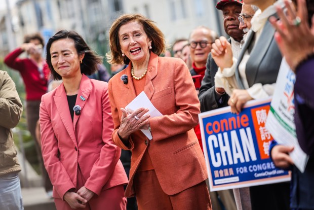 From left, San Francisco Supervisor and congressional candidate Connie Chan stands with U.S. Rep. Nancy Pelosi, D-Calif., at the "Get Out the Vote" rally in San Francisco on Friday, May 29, 2026. (Gabrielle Lurie/San Francisco Chronicle via AP)