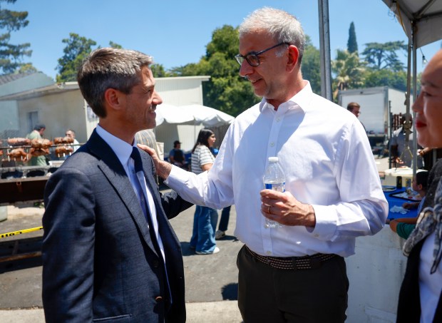 San Jose Mayor Matt Mahan, left, greets Grigoris Tassiopoulos, Consul General of Greece in San Francisco, at the San Jose Greek Festival at St. Nicholas Greek Orthodox Church in San Jose, Calif., on Sunday, May 31, 2026. (Nhat V. Meyer/Bay Area News Group)