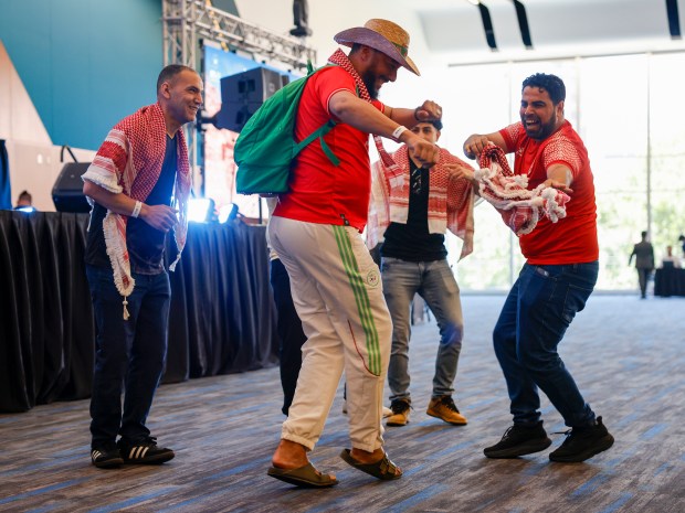 Jordan fans dance before the start of "Jordan House San Jose; Official Fan and Cultural Experience Celebrating Jordan's First-Ever FIFA World Cup Appearance" at the San Jose Convention Center in downtown San Jose, Calif., on Sunday, June 21, 2026. (Nhat V. Meyer/Bay Area News Group)