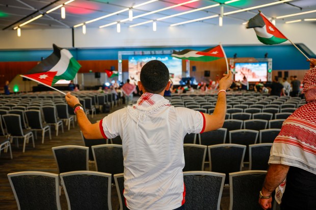 Jordan fans gather before the start of "Jordan House San Jose; Official Fan and Cultural Experience Celebrating Jordan's First-Ever FIFA World Cup Appearance" at the San Jose Convention Center in downtown San Jose, Calif., on Sunday, June 21, 2026. (Nhat V. Meyer/Bay Area News Group)