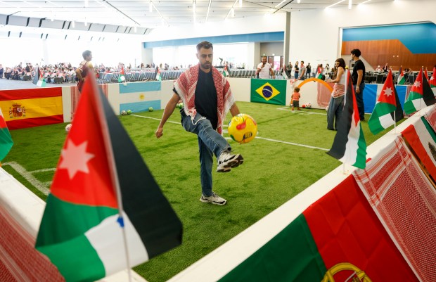 Jordan fan Shadi Haddad, from Chicago, juggles a ball before the start of "Jordan House San Jose; Official Fan and Cultural Experience Celebrating Jordan's First-Ever FIFA World Cup Appearance" at the San Jose Convention Center in downtown San Jose, Calif., on Sunday, June 21, 2026. (Nhat V. Meyer/Bay Area News Group)