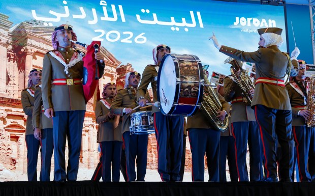 Members of the Jordanian Armed Forces Band play at the start of "Jordan House San Jose; Official Fan and Cultural Experience Celebrating Jordan's First-Ever FIFA World Cup Appearance" at the San Jose Convention Center in downtown San Jose, Calif., on Sunday, June 21, 2026. (Nhat V. Meyer/Bay Area News Group)