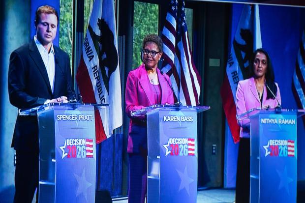 L to R; Spencer Pratt, Mayor Karen Bass, and Nithya Raman in a mayoral debate at the Skirball Cultural Center on Wednesday, May 6, 2026. (Screenshot from NBC) (Photo by David Crane, Los Angeles Daily News/SCNG)