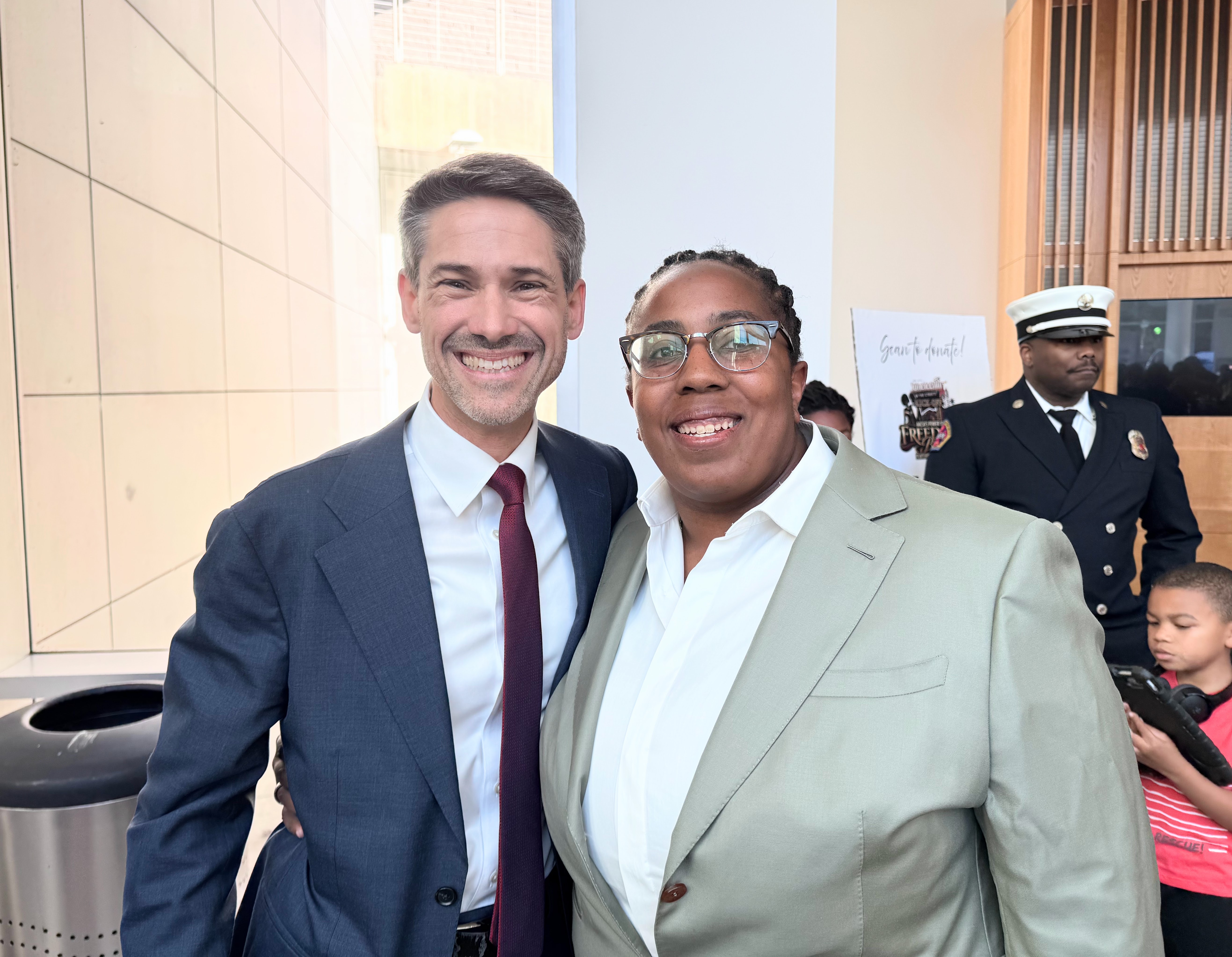 San Jose Mayor Matt Mahan poses with Christine Keener, director...