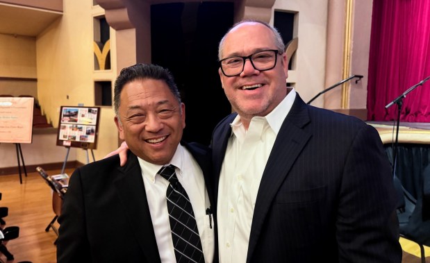 Alum Rock Counseling Center CEO David Mineta, left, and Rod Diridon Jr. pose together at the celebration of life for Rod Diridon Sr. at the San Jose Civic Auditorium on Thursday, June 25, 2026. (Sal Pizarro/Bay Area News Group)