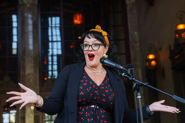 Opera San Jose General Director Shawna Lucey addresses attendees during the company's ribbon-cutting ceremony marking the opening of its 42nd season at the California Theater in San Jose, Calif., on Friday, Sept. 12, 2025. (Ray Chavez/Bay Area News Group)