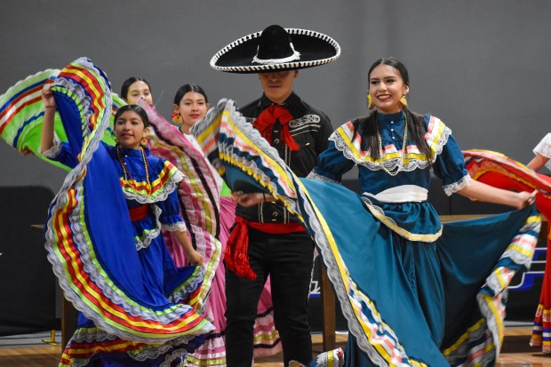 Traditional Mexican dancers entertain San Jose Unified School District students who gathered at The Plex to cheer on team Mexico in their opening World Cup match on June 11, 2026. (Ekasha Sikka/Mosaic)