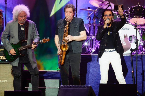 Ringo Starr, far right, Steve Lukather, left, and Warren Ham, center, perform with "Ringo Starr and His All-Starr Band" at the San Jose Civic in downtown San Jose, Calif., on Thursday, June 11, 2026. (Nhat V. Meyer/Bay Area News Group)