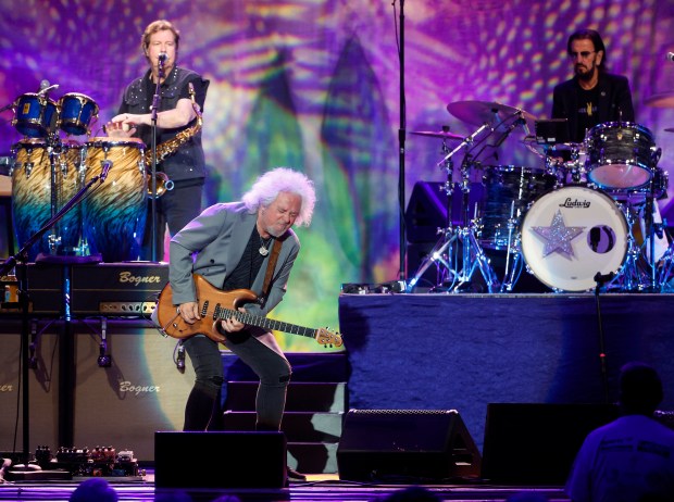 "Ringo Starr and His All-Starr Band," including Steve Lukather, center, Warren Ham, far left, and Ringo Starr, far right, perform at the San Jose Civic in downtown San Jose, Calif., on Thursday, June 11, 2026. (Nhat V. Meyer/Bay Area News Group)