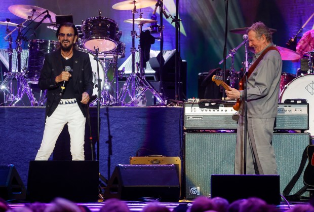 Ringo Starr, left, and Hamish Stuart, right, perform with "Ringo Starr and His All-Starr Band" at the San Jose Civic in downtown San Jose, Calif., on Thursday, June 11, 2026. (Nhat V. Meyer/Bay Area News Group)