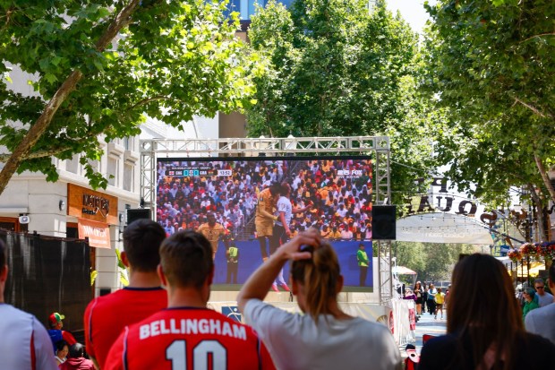 People watch Ghana play against England in FIFIA World Cup on a big screen at San Pedro Square Market in San Jose, Calif., on Tuesday, June 23, 2026. (Shae Hammond/Bay Area News Group)