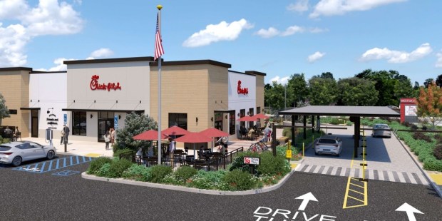 Drive-through section and main building of a Chick-fil-A restaurant at 4785 Hamilton Ave., a parcel on one of the surface parking areas next to Westgate Center in southwest San Jose, concept. (MCG Architecture)